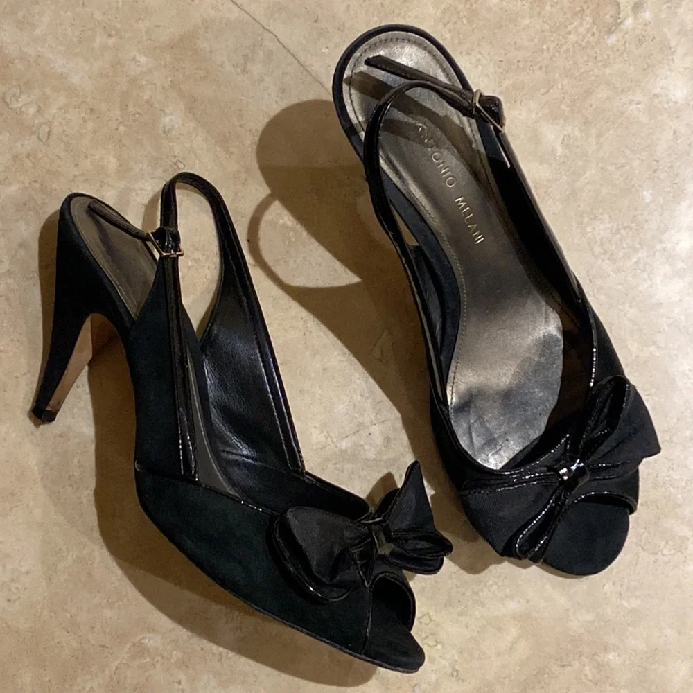 Antonio Melani Black Suede Healed Stiletto Sandal with Bows size 6.5, the go to - Picture 2 of 11